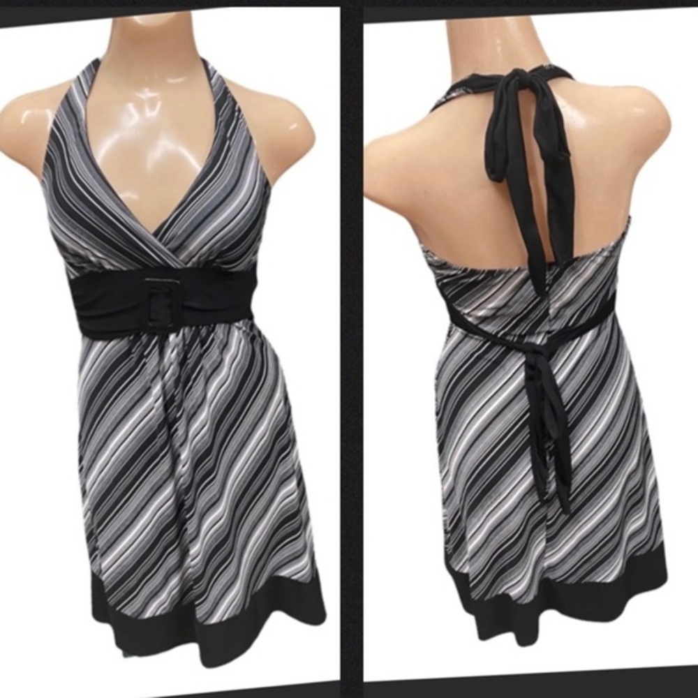 Vanity Y2K Halter Neck Striped Belted Dress Black‎ White Gray Size M